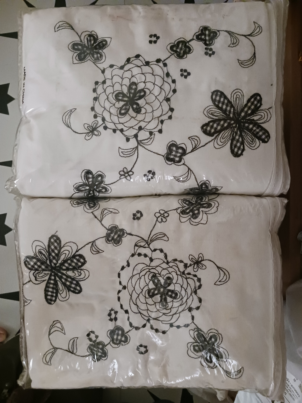 Embroidered Floral Panel Curtains in White with Black Accents 4 Panels